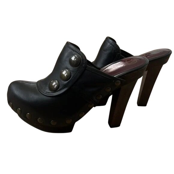 Jessica Simpson Black Leather Studded Heeled Mules With Wooden Sole Size 8 - Picture 1 of 5